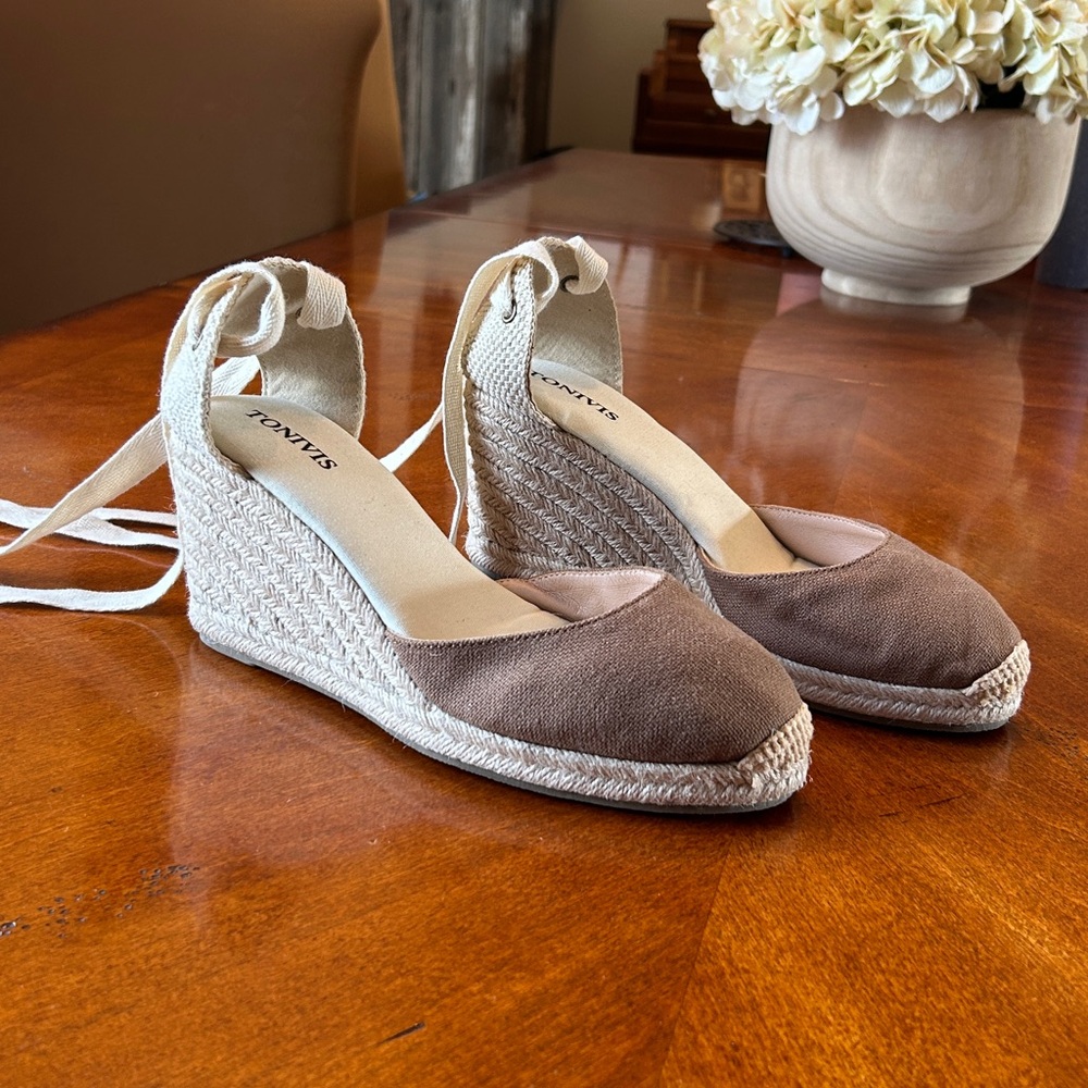 Canvas Espadrille Wedge Sandals with Ankle Tie - Taupe